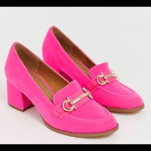 ASOS neon pink block heeled loafer gold buckle size 9